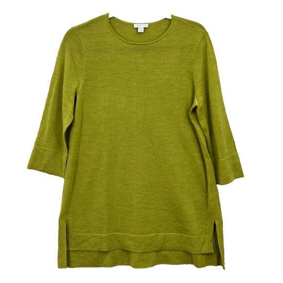 J Jill‎ Sweater Womens SP Chartreuse Merino Wool 3/4 Sleeve Hi Low Minimalist - Picture 1 of 10